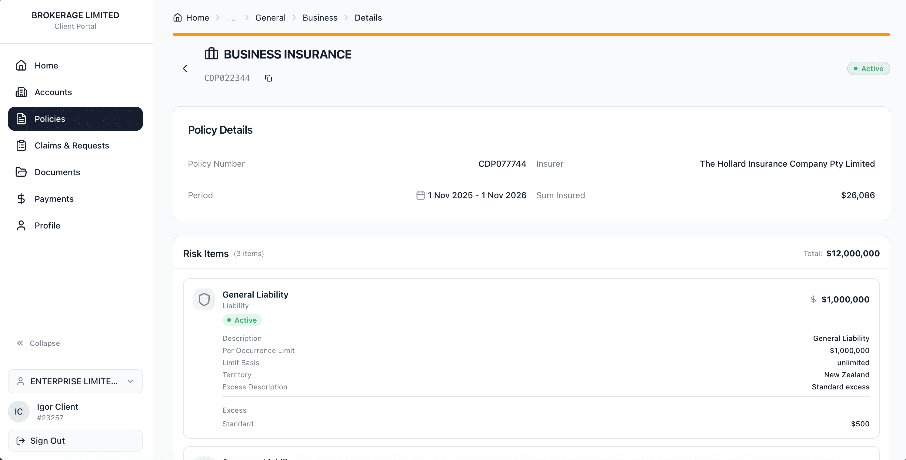 InsuredIn client portal policies view