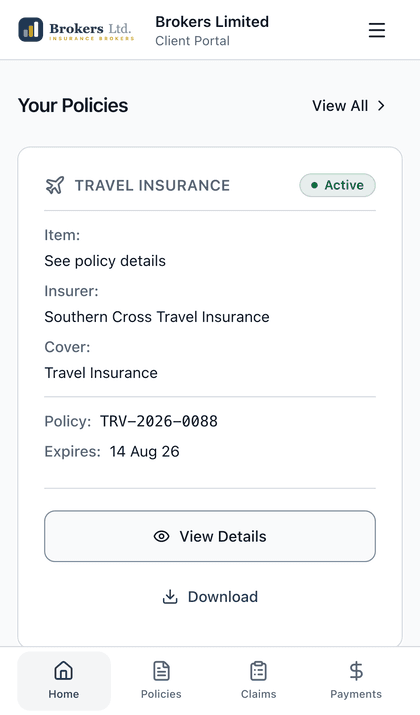 The same Brokers Ltd. portal on a phone, showing the client's policies